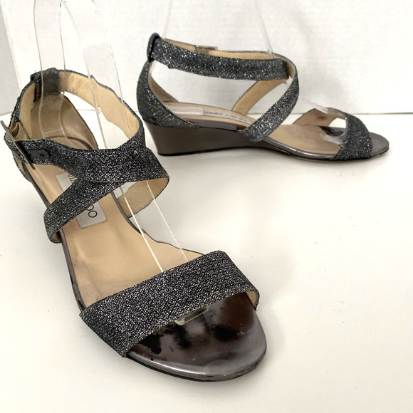 JIMMY CHOO Sandal Chiara‎ Anthracite Leather Glitter Wedge Silver Metallic 37.5 - Picture 10 of 14